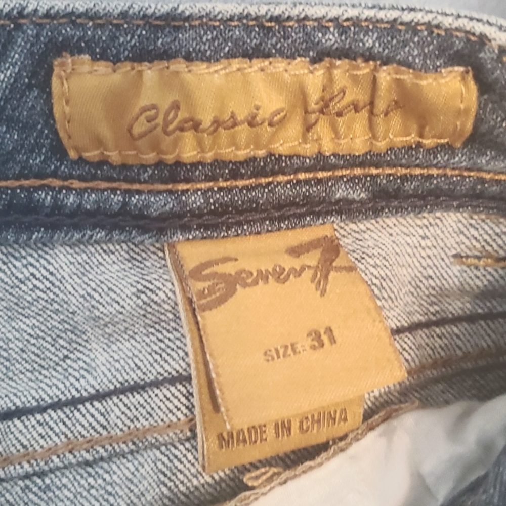 Seven 7 Low Rise Mid Wash Distressed Flare Jeans